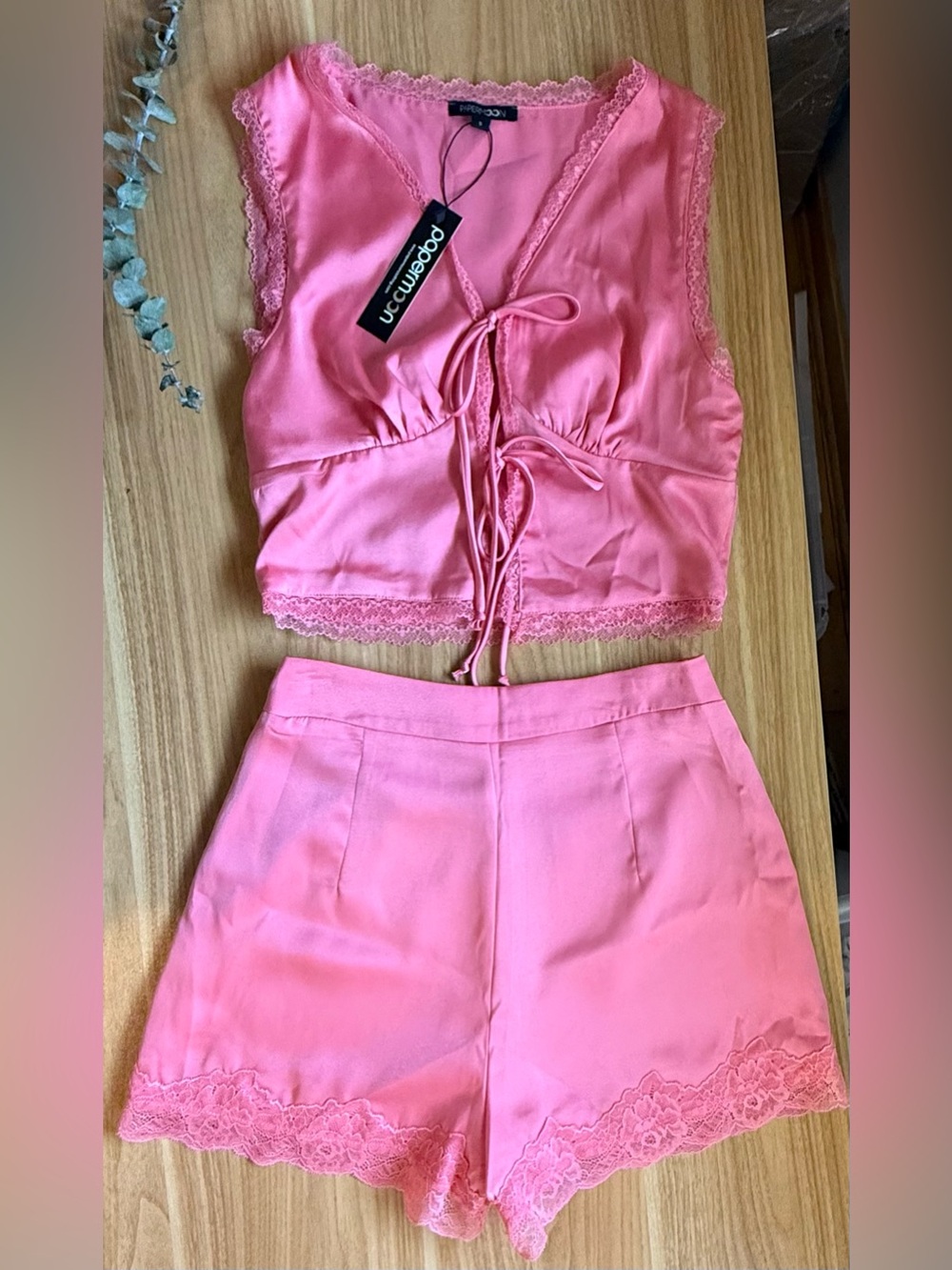 Papermoon Pink Satin Lace Trim Tie Front Lounge Pajama Set Size Small